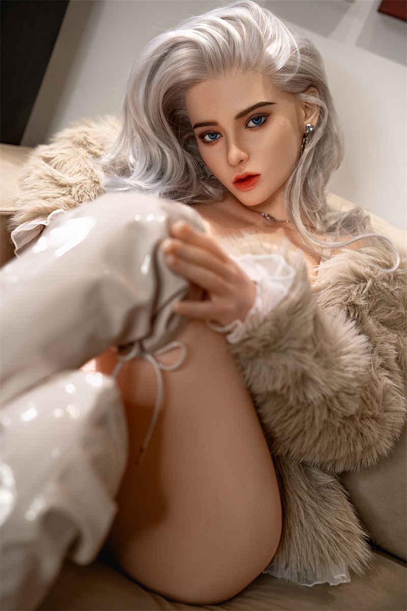 SY DOLL 164cm Silicone Head M Series Doll Chloe in pink French lingerie and gray faux fur coat, featuring elegant Asian beauty with chic silver hair and a curvaceous, lifelike figure-02
