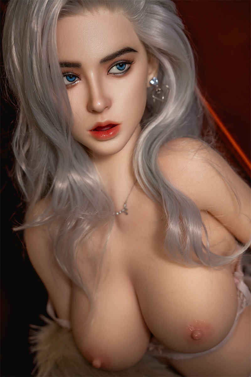 SY DOLL 164cm Silicone Head M Series Doll Chloe in pink French lingerie and gray faux fur coat, featuring elegant Asian beauty with chic silver hair and a curvaceous, lifelike figure-04