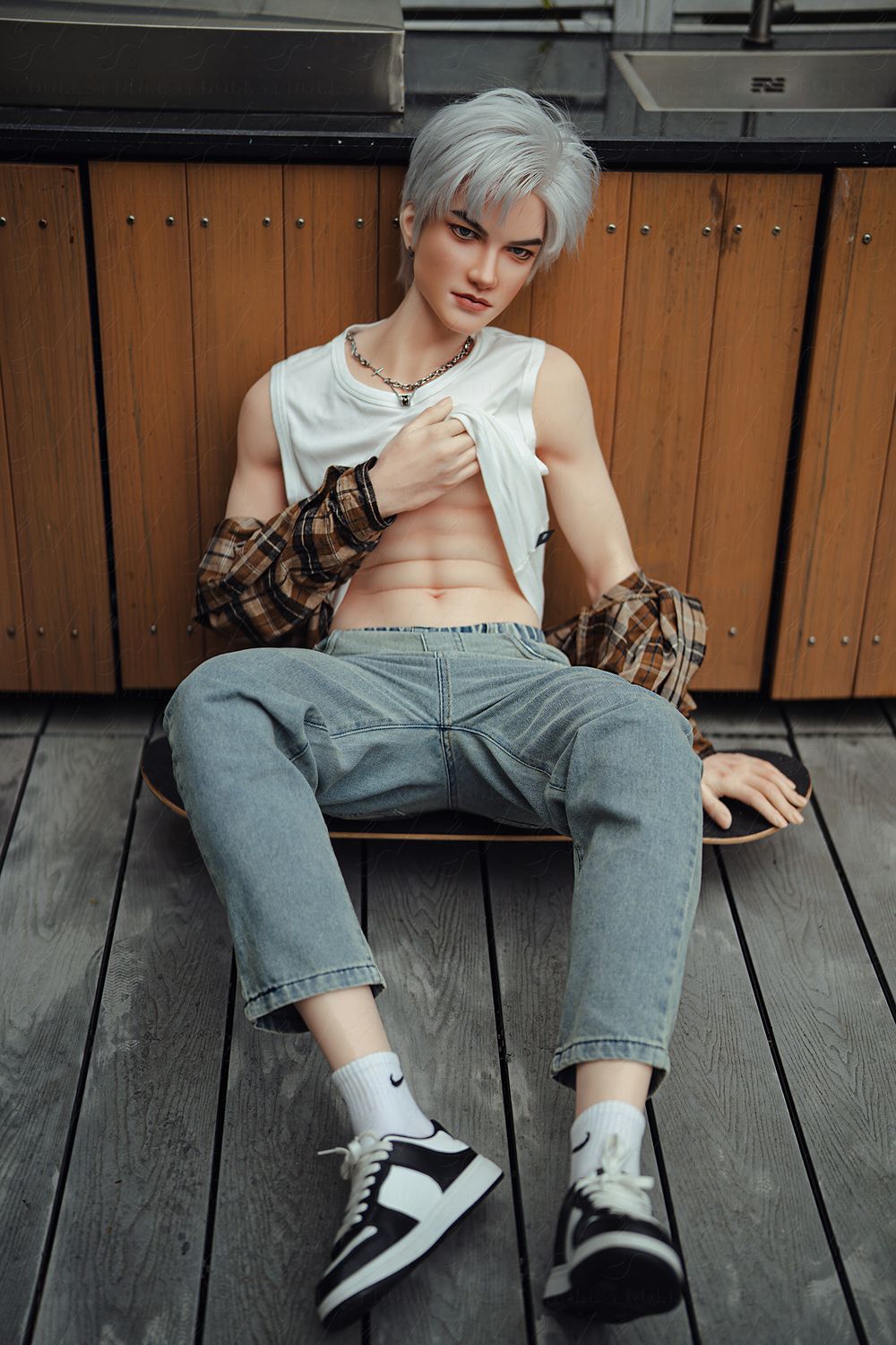 SY DOLL | 162cm（5.31’）- Full Silicone - Automatic Penis Insertion - Youthful Silver-hair Lean Muscle Realistic Gay Male Sex Doll -  Zane